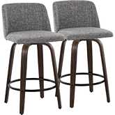 Toriano 26" Swivel Counter Stool in Walnut Glazed Wood & Grey Noise Fabric (Set of 2)